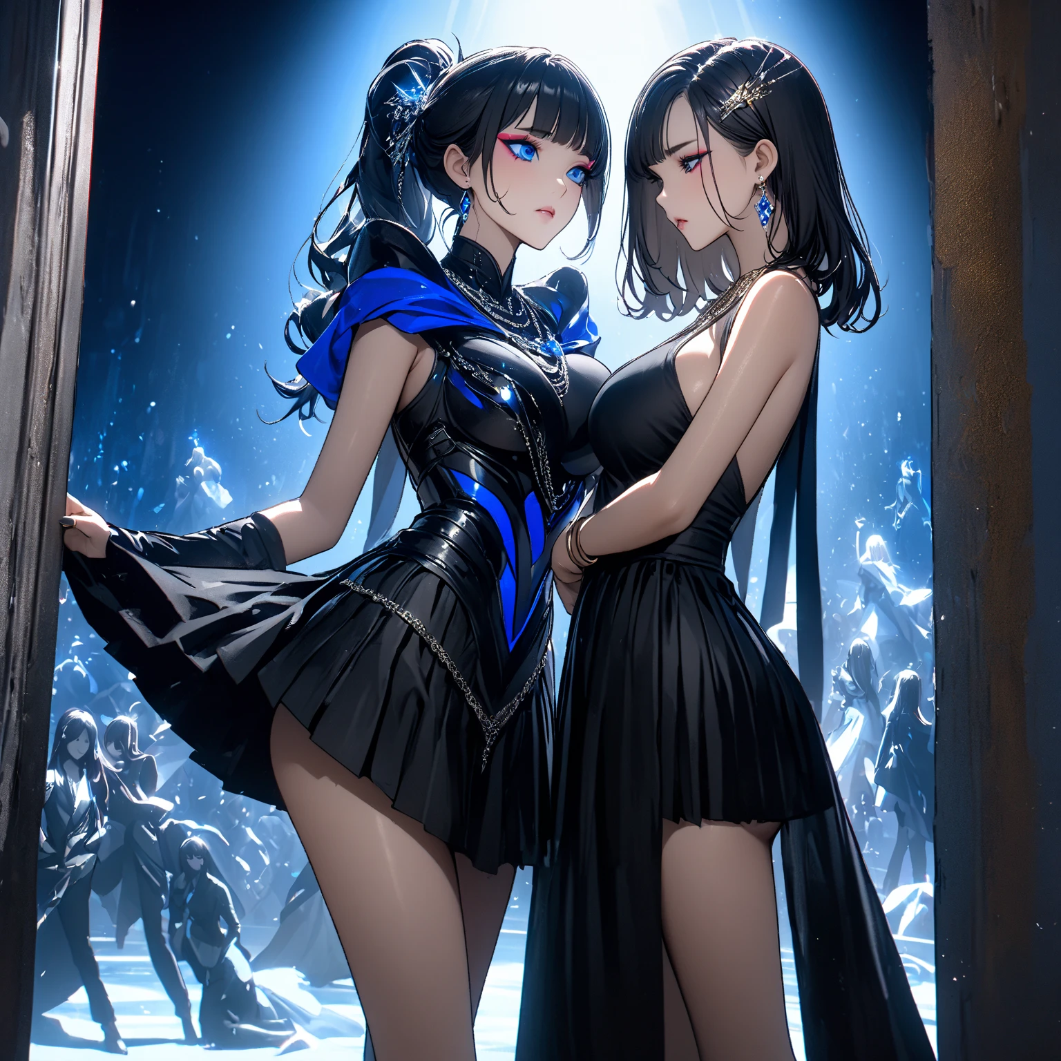 Best quality, Photoreal, 8K, High resolution, High-definition night city,8k Resolution, full body image of a girl from head to toe, she wears a black bodysuit,words that glow blue on the chest,bangs,beautiful full body,twin tail,Chubby,Emphasizes the chest,((Beautiful woman)),the high nose,straight long blonde hair, blue eyes,sharp focus,(masterpiece), realistic, (portrait of a guy), beautiful face, a beautiful teen,china girl, beautiful eyes, perfect anatomy, Very proud,(Glamorous eyes),(Black pupil),(frame the head), Centered image, stylized, bioluminescence, 8 life size, human hands, wonder full, elegant, approaching perfection, dynamic, highly detailed, character sheet, concept art, smooth, facing directly at the viewer positioned so that their body is symmetrical and balanced, detailed hairstyle