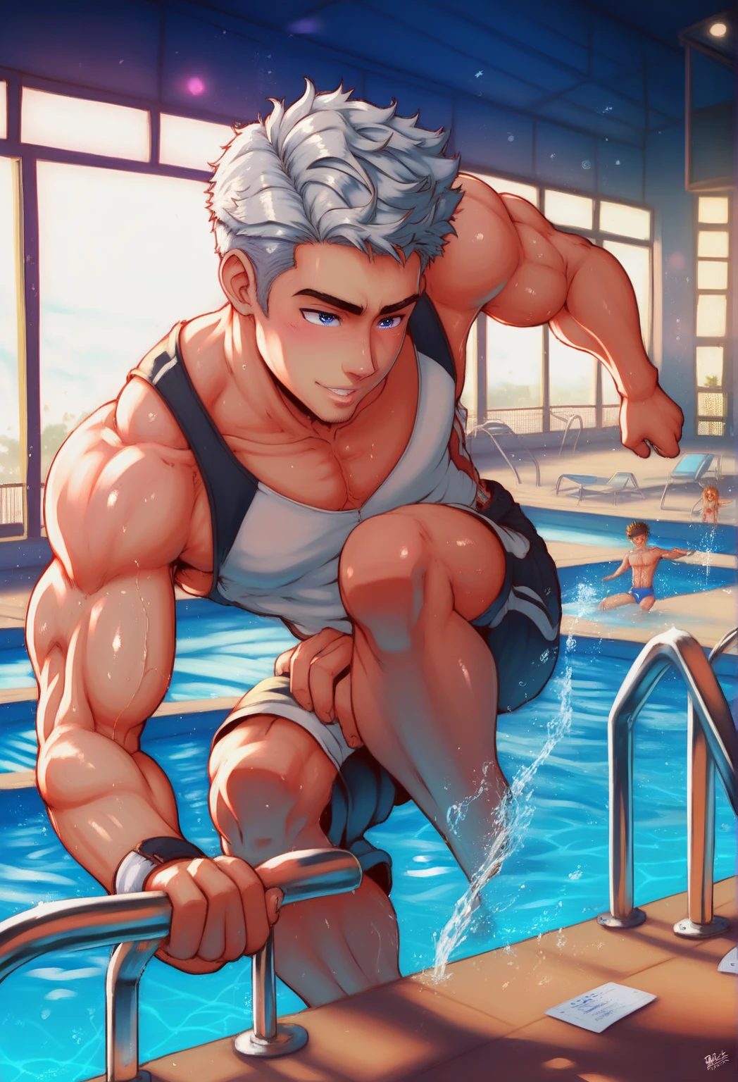 Best quality, masterpiece, ultra high res, detailed background, realistic, solo, male, wearing a clear glasses, mature, bara, muscular, short hair, facial hair, shirtless outfit, tight briefs, school, full body, shirtless outfit, swimming athlete, swimming pool, sports, thick thighs, light smile