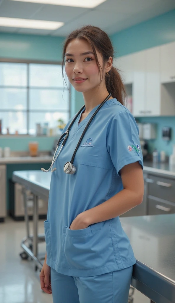 woman 27 years old, bruenette, in the hospital, at work, nurse outfit, realistic appearence, sporty, 175cm groß, light brown skin, realistic skin, italian, summer, dark brown eyes, beauty eyelashes, natural makeup, smile, charmant, anatomically correct, super detail, high details, high quality, highres, accurate, retina