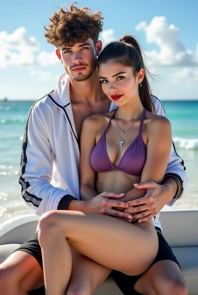 (( ( one Handsome short-haired shirtless muscular man))) surrounded by his Two sexy girlfriends, harem , Gorgeous sexy woman at the beachhouse patio with long flowing hair, a bikinis under a loose bathrobe, curvy body with wide hips, snug expression, athletic fit body, beautiful perfect European face, sunset in summer, bonfire, 8k masterpiece RAW photo, raytracing and incredible detail, thick ass, beautiful symmetrical eyes, baseball cap and sunglasses, hugging and groping and feeling each other's bodies and tackling and snuggling and surrounding