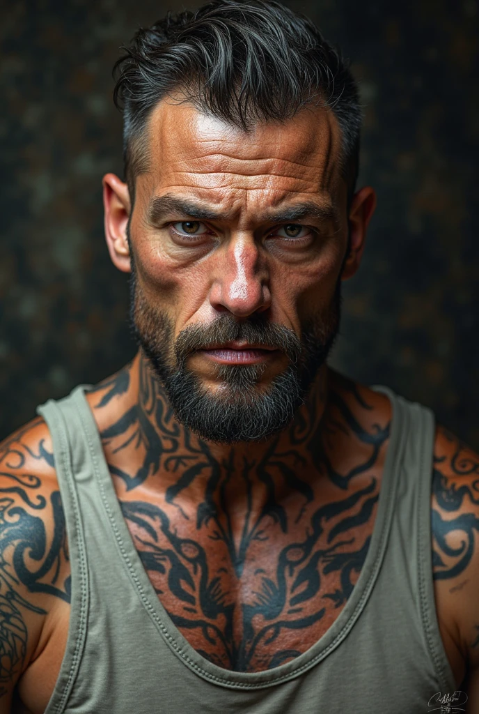 ultra realistic 8k, a 2 white man of Russian descent. ultra resistant army soldier, Does not have a beard. His face has scars(detalhada Realist 8K). Muscular and corpulent physique of 2,30 meters high(Realist 8K). He wears Brazilian army pants and a heavy vest.(detailed 8k) wearing no shirt. he is in a barracks. He has a tattoo of a cross on his torso.(detalhada e ultra Realist 8K). He wears a golden crucifix. skull tattoo on neck( detalhada Realist 8K)