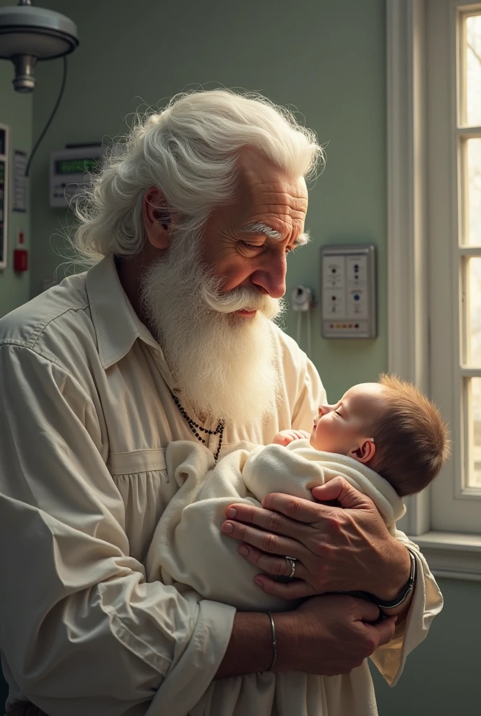 An old man holding a newborn baby, desenho realistico, 8k --auto