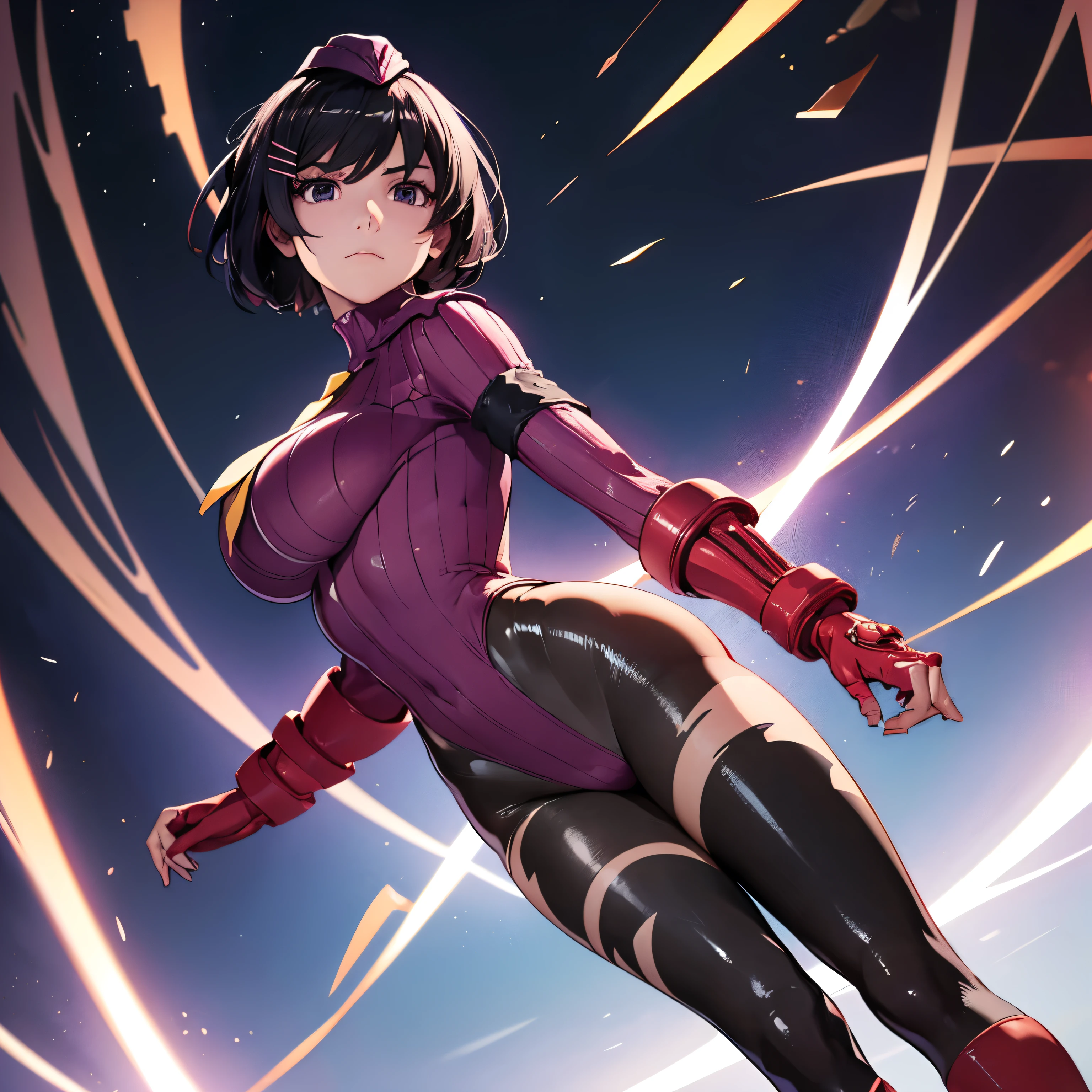 ultra-detailed, Explicit, Beautiful body, Beautiful Nose, Beautiful character design, perfect eyes, perfect face, ultra highres, 4K, beautiful legs, perfect legs, Nice hands, Perfect hand, Masterpiece, Best Quality, Highly detailed, illustration, absurdres, perfect anatomy, street fighter, doll suit, shadaloo doll, dollsuit, expressionless, blank eyes, looking at viewer, red gloves, emotionless, black latex, corruption, mind control, female combatant, full body, hypnotized, unhappy trance, full body suit, both arms at side, obey, perfect female body, extremely glossy latex, hypnosis, hypnoLora, empty eyes, Mind control device, poses, Slave, yellow necktie, latex, Fighting Stance, military, thigh boots, black pantyhose, dark persona, (((pixel-perfect, detail-perfect))), solo, 1girl, hair ornament, submissive pose, seductive pose, large breast, huge breast, hanekawa01, short hair, black hair, hair clip, purple eyes