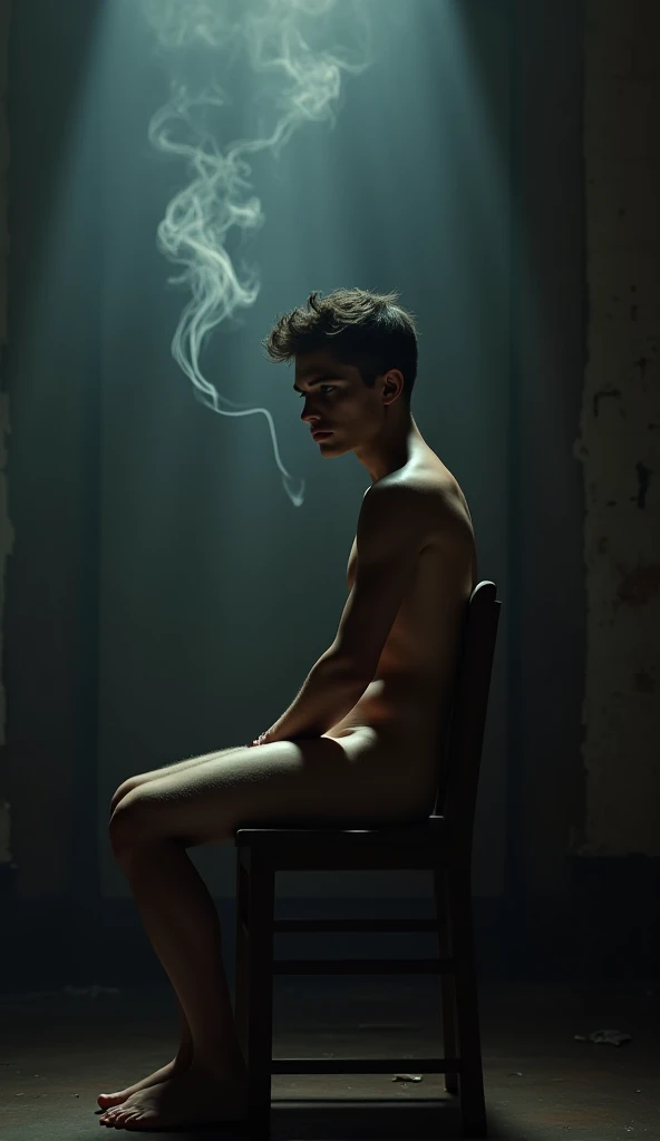 dark black hair england man, sitting with palette and paint, brown eyes, naked, dark romantic atmosphere, long distance shot, smirk, detailed