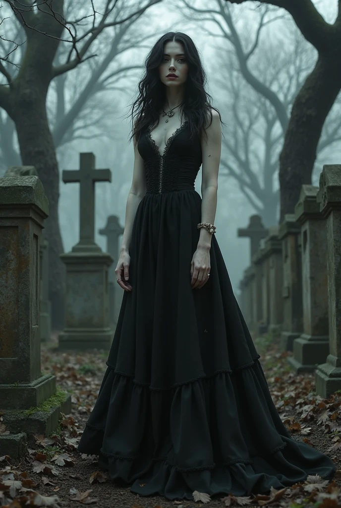arafed woman in a black dress with short messy wavy black hair and a necklace, promotional still, anya taylor - joy vampire queen, artstyle tom bagshaw, beautiful female vampire, carmilla vampire, portrait of a young witch, vampire fashion, samara weaving vampire, tom bagshaw weta studio, with red hair, photo still, witchy clothing, beautiful female witch in fog filled graveyard, Photorealistic, 8k