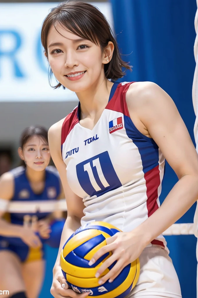 8k, RAW Photos, highest quality, masterpiece, Realistic, Photorealistic, (1 Ultimate beauty), 18 years old, Highly detailed face, (Perfect Teeth), Detailed eyes, double eyelid, eyelash, Grin, Lip details, brunette bob, small Breasts, ((national team volleyball_uniforms)),Soft Light, ((Written boundary depth)) , volleyball coat, Total、Stick your butt out、Slender body、Inverted nipples, ((hip)),