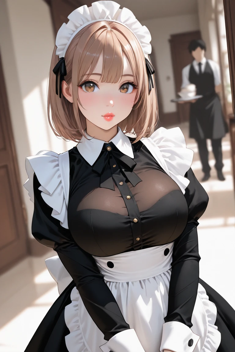 ((((masterpiece, Highest quality, High resolution)))), Extremely detailed 8K, Beautiful girl with a voluptuous body, (Ultra HD, Super detailed, Very detailed, Very realistic, Ultra-realistic, Photo Real), (One girl:1.5), (Realistic white hair), (Short Wavy Hair, hair ornaments, Earrings), (Dynamic pose), To the camera, View your viewers, (blush, Embarrassing, smile), (Purple eyes, Sharp eyes), (Firm breasts:1.2), (Beautifully detailed face, Beautiful attention to detail), ((Maid clothes, Maid Apron, Cat Ear Headband)), (detailed pussy), Sweat, shine, (Sunbeam, sunlight), coffee shop, ((Highest quality、High resolution))、Portraiture、Perfect body、Beautiful and bountiful breasts、Sexually excited expression、((throw、maid shows pussy))、Love Juice、I'm inviting you to have sex,(nsfw)