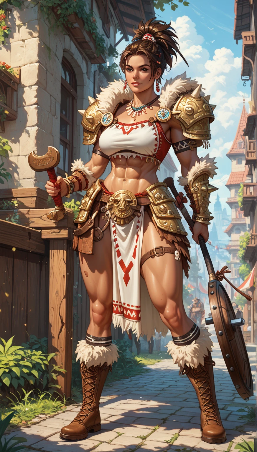 (((mulher))), (((melhor qualidade))), (((obra prima))), (((adulta))), Uma guerreira mulher de 35 anos com corpo perfeito, Brooklyn Gladiators, (( under boobs )), Croatia flag, quase nua no estilo selvagem urbano de Simon Bisley para a capa da revista Heavy Metal, cabelo loiro, Minimum clothing, red and white checkered pattern, armadura, cheio de pontas e rebites, tatuagem tribal, (((do joelho pra cima))), cabelo desalinhado
