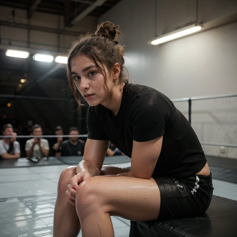 A young woman in a boxing ring, wearing a black tank top and shorts, and red boxing wraps. She is sitting on a bench, with her legs crossed and her hands resting on her knee. She has a determined look on her face. The background is a blurred out image of a boxing gym.