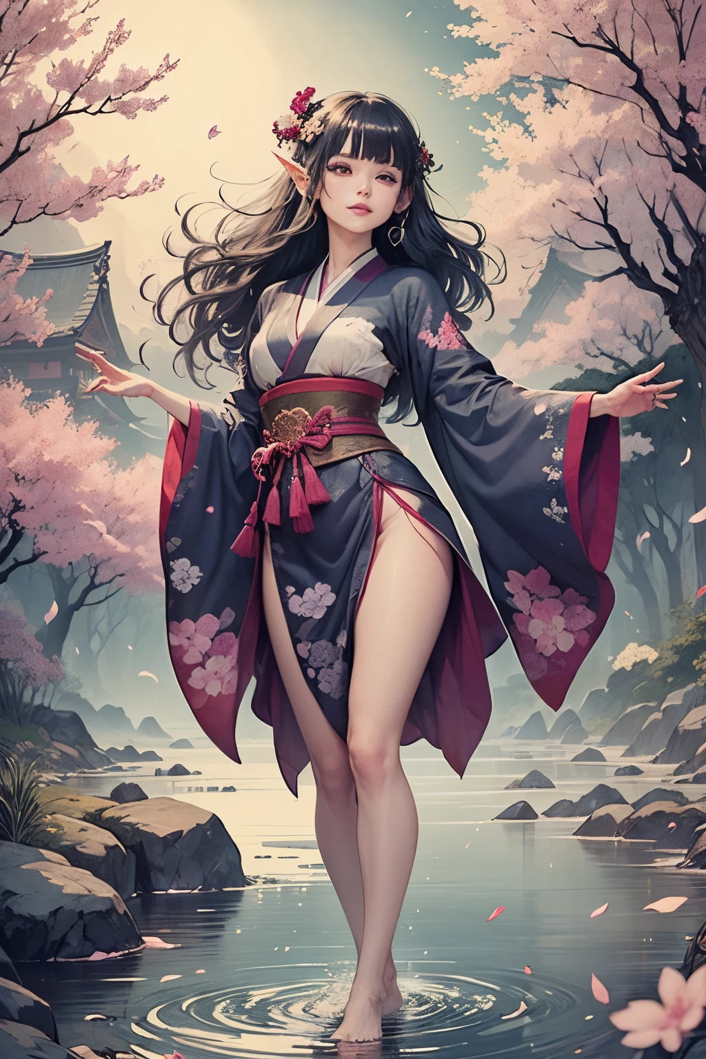 (Ultra-detailed face, Looking away, Gothic Illustration, Dark tone colors. She has five fingers on her hands and five toes on her feet.), BREAK
(Japanese classical picture scroll picture style. Fantastic. Mysterious. Mysterious. Contrasts of light and shadow. A view of a stream with cherry blossom trees in full bloom on both banks is depicted from the perspective of looking up from below.), BREAK
(A nymph in the form of a dark elf smiles and twists her body in the center of the stream, dancing a dance celebrating spring with bold and classical movements. The wind is blowing and many cherry petals are dancing.), BREAK
(She has gray hair, gray eyebrows, blunt bangs, very long wavy hair, small pink lips, lavender eyes, dark gray skin, and eyeliner.), (She wears a Japanese kimono with layers of lace fabric in a cherry blossom pattern. She is wearing a red skin lintel. Barefoot. She wears bells on her ankles.)