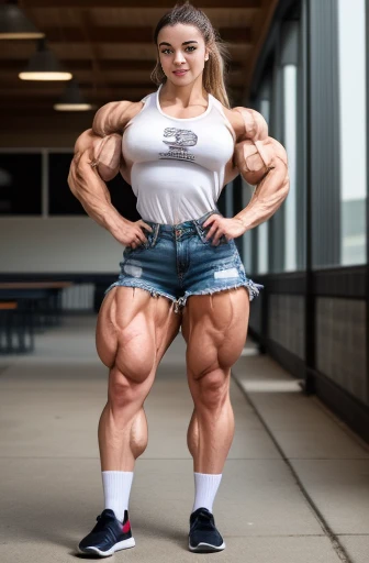 (Muscular:1.6), (muscular legs:1.6), (large muscular chest and shoulders:1.1), FEMALE, brown hair, long brown hair, (big smile:1.6), (wearing a tight sleeveless shirt and jean shorts:1.5), looking at viewer, (three quarter view:1.2), upper body view, (farm:1.5), dark lighting, detailed skin, detailed eyes, (clean skin:1.5), (very thin waist:1.3), (huge body muscles:1.5), (one protagonist:1.5), (tall:1.7),