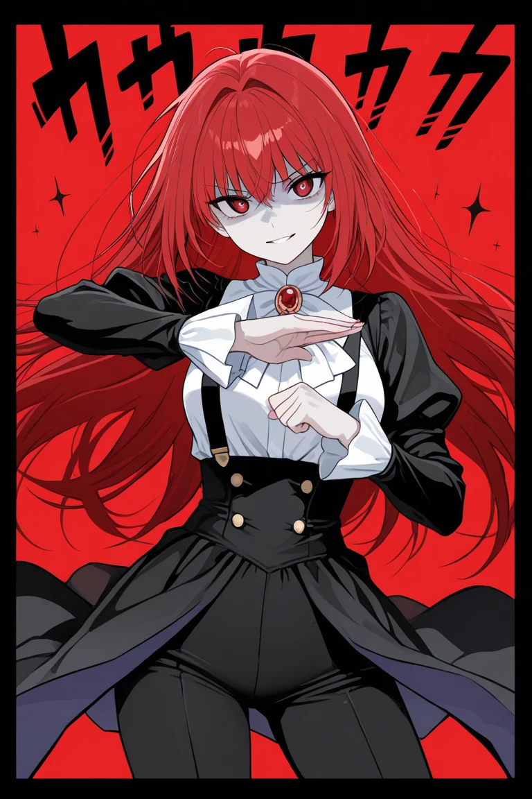 Vampire Girl with blood in her mouth,white skin,red hair,red eyes,with an evil look,,high quality,8k,masterpiece