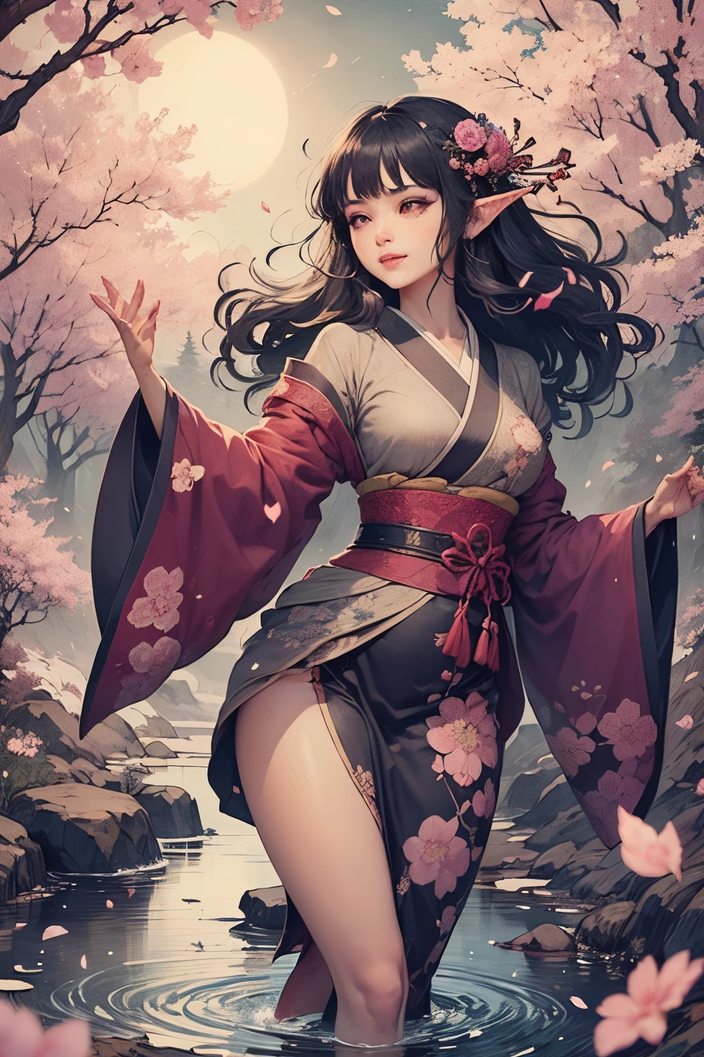 (Ultra-detailed face, Looking away, Gothic Illustration, Dark tone colors. She has five fingers on her hands and five toes on her feet.), BREAK
(Japanese classical picture scroll picture style. Fantastic. Mysterious. Mysterious. Contrasts of light and shadow. A view of a stream with cherry blossom trees in full bloom on both banks is depicted from the perspective of looking up from below.), BREAK
(A nymph in the form of a dark elf smiles and twists her body in the center of the stream, dancing a dance celebrating spring with bold and classical movements. The wind is blowing and many cherry petals are dancing.), BREAK
(She has gray hair, gray eyebrows, blunt bangs, very long wavy hair, small pink lips, lavender eyes, dark gray skin, and eyeliner.), (She wears a Japanese kimono with layers of lace fabric in a cherry blossom pattern. She is wearing a red skin lintel. Barefoot. She wears bells on her ankles.)