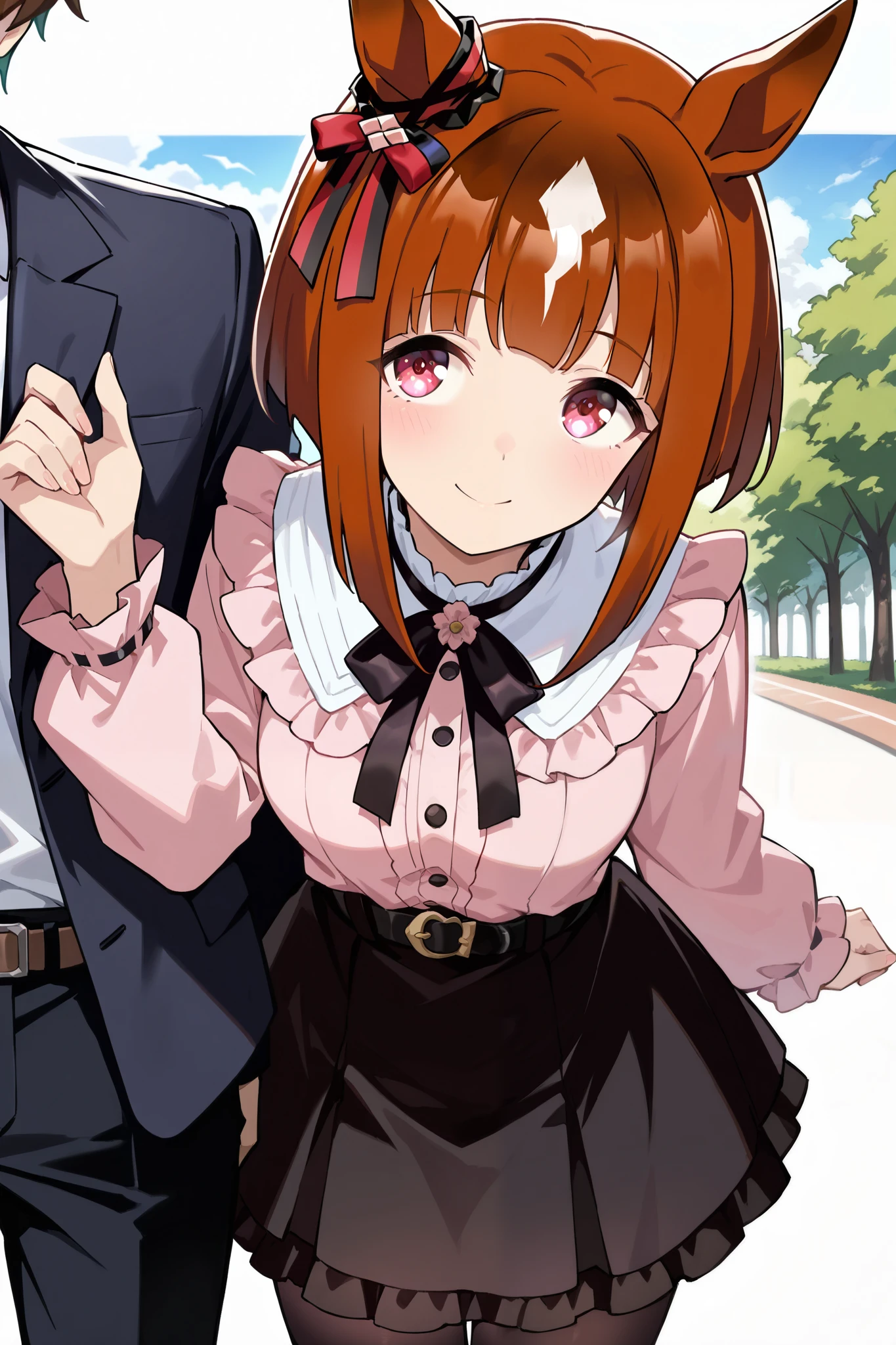 score 9, score 8 up, score 7 up, ultra-detailed, (best quality, (((masterpiece))), ultra detailed, ultra high res, absurdres, high-resolution, highest quality, very aesthetic, textile shading), source anime, (detailed eyes), (detailed face), , , BREAK, ( ), (1girl), (1boy), (transcend /(umamusume/)), alternate costume, (jirai kei), 1boy, dating, smile, looking ahead, belt, pink dress, black skirt, frills, brown hair, multicolored hair, red eyes, white hair, streaked hair,