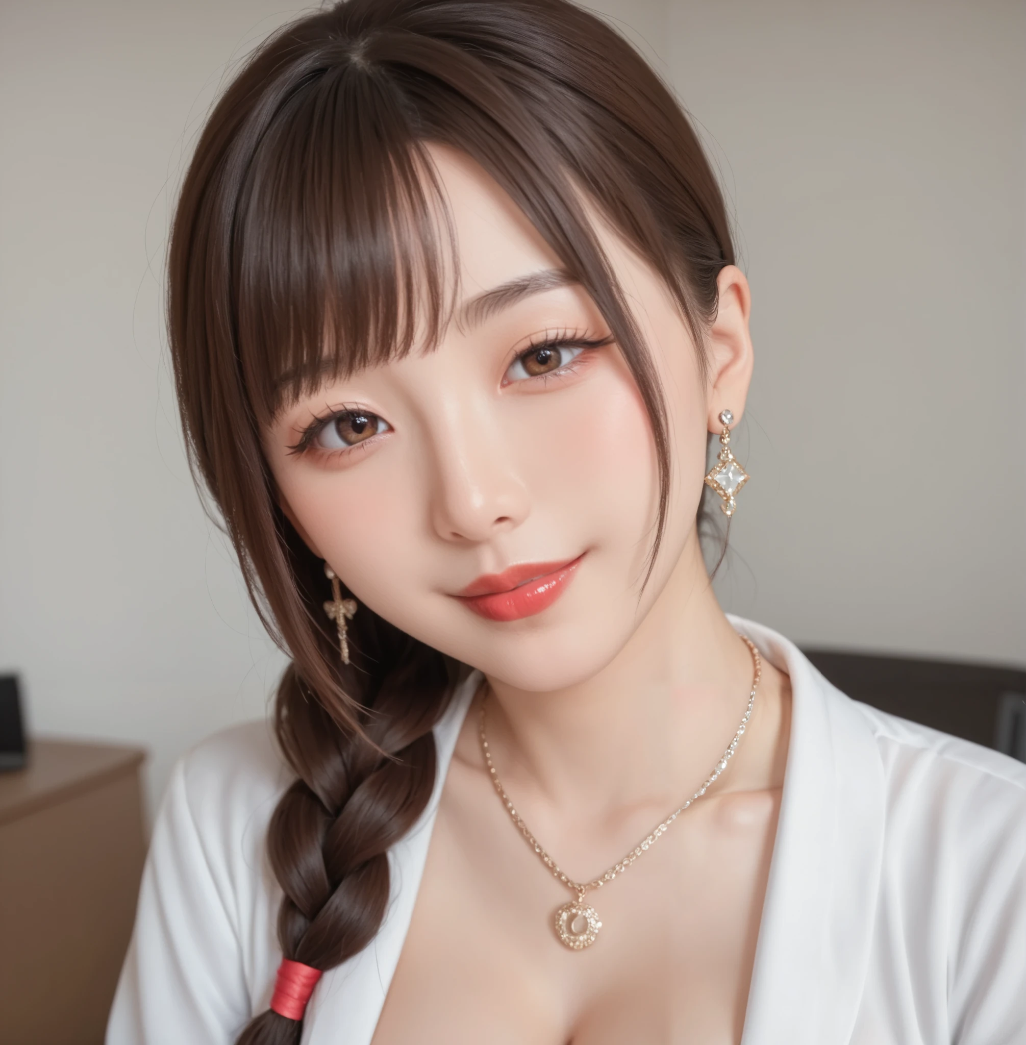 high quality of wavy lines,realistic,Detailed skin texture,Beautiful Japanese 18 year old woman,A pretty expression,seductive smile,virtual YouTuber,4K,fantasy,portrait,details,real,Professional,vivid,Bokeh,studio lighting,extreme detail,photo shoot,high dynamic range that closes one eye front ponytail (brown hair 1:2)brown eyes Big cute eyes Young face high nose small mouth long eyelashes double eyelids model figure black ribbon earrings,necklace Natural Makeup red lipstick,Big Breasts 1:2,stares at the audience Full body (loose and oversized black rider suit) white blouse plaid mini skirt colorful nail polish stares at the audience Close one eye and hold with your left hand
