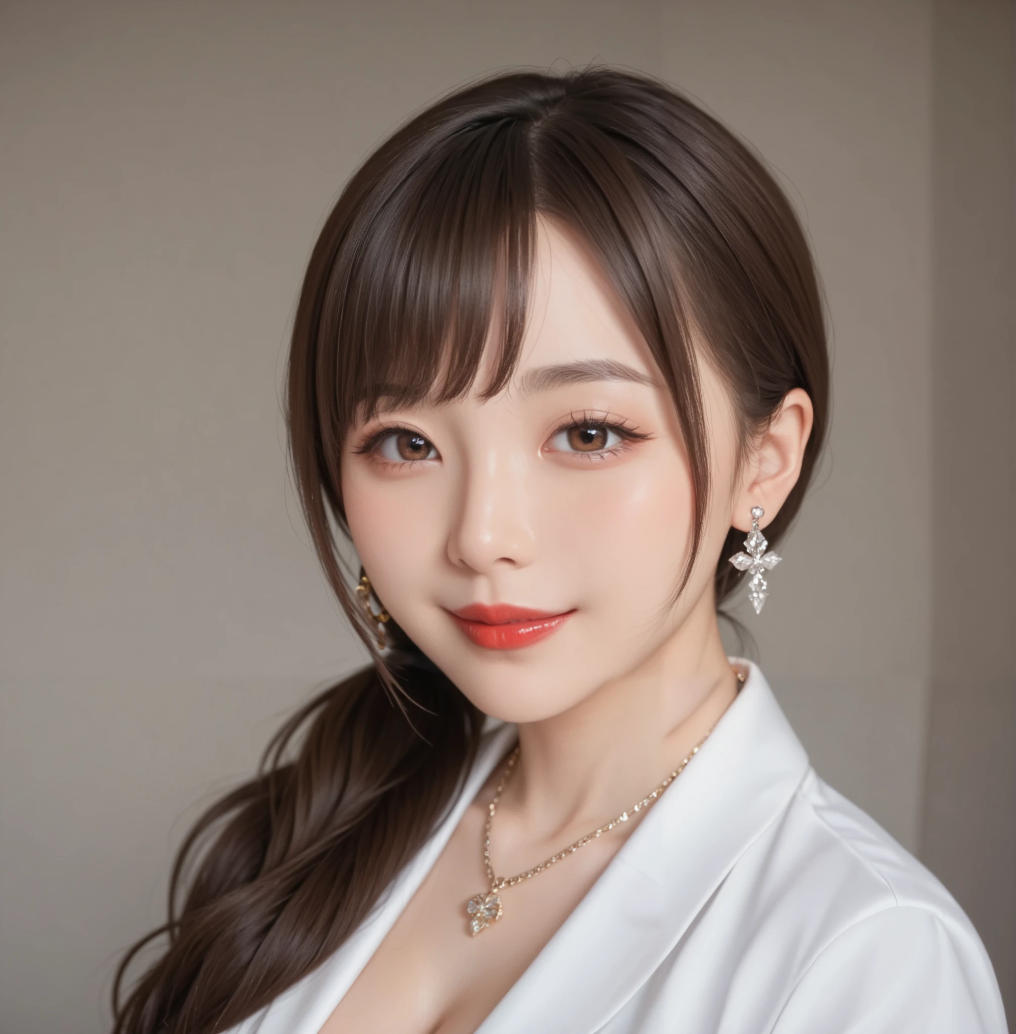 high quality DVD,realistic,Detailed skin texture,Beautiful Japanese 18 year old woman,A pretty expression,seductive smile,virtual YouTuber,4K,fantasy,portrait,details,real,Professional,vivid,Bokeh,studio lighting,extreme detail,photo shoot,high dynamic range that closes one eye front ponytail (brown hair 1:2)brown eyes Big cute eyes Young face high nose small mouth long eyelashes double eyelids model figure black ribbon earrings,necklace Natural Makeup red lipstick,Big Breasts 1:2,stares at the audience Full body (loose and oversized black rider suit) white blouse plaid mini skirt colorful nail polish stares at the audience Close one eye and hold with your left hand