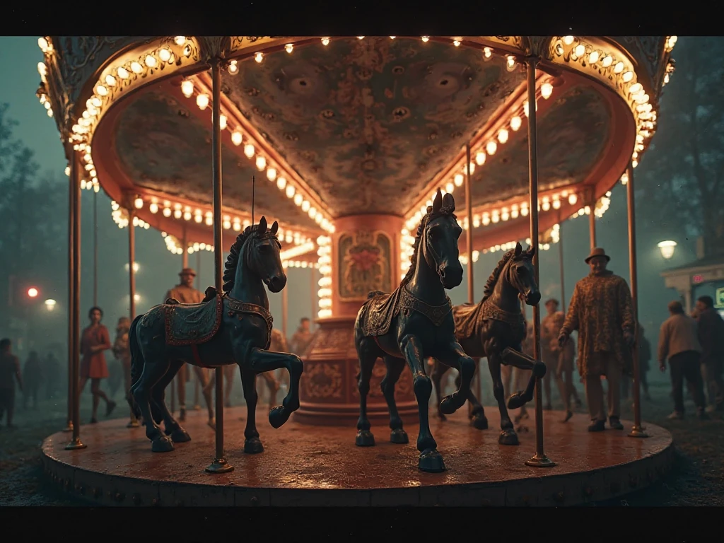 A tent made of copper and brass, with neon accents, housing surreal, steam-powered circus performances