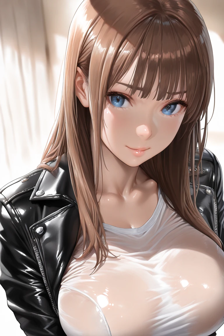 (A photo of the upper body), Beatiful face, Very detailed face and skin texture, (Detailed eyes), Brown eyes, Double eyelids, Thin eyebrows, Glitter eyeliner: 1.2, Natural cheeks, Shiny skin, Fair skin, ((wearing a leather jacket and blouse(no cleavage)), Shiny necklace and earrings, (Shiny lips: 1. 4), (Seductive smile), (20 years old), (Wavy hair, Brown hair, Diagonal bangs), Medium long hair, ((Upper body shot)), ((Focus on chest and face)), Medium large breasts, Upturned Breasts.