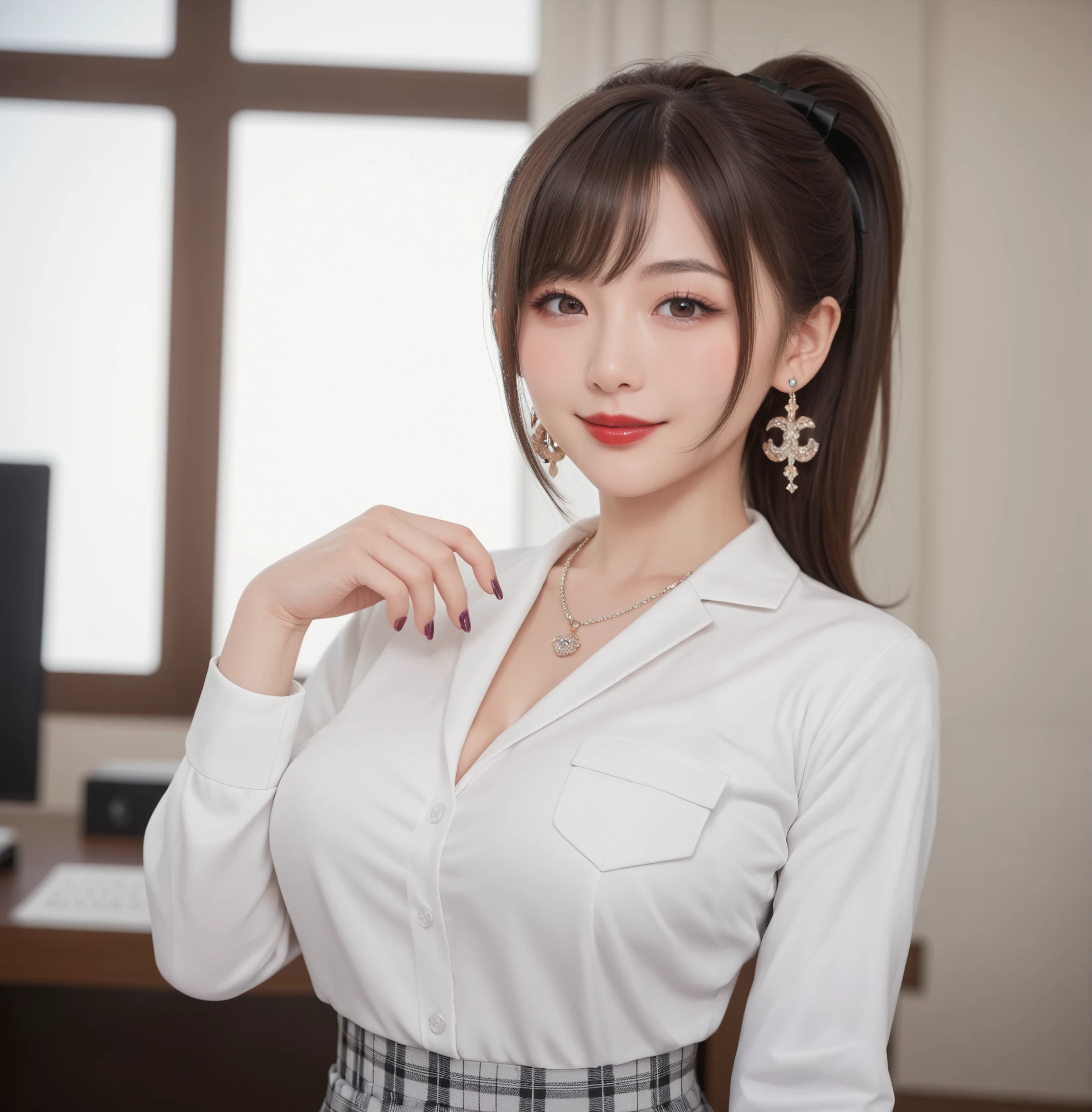 high quality DVD,realistic,Detailed skin texture,Beautiful Japanese 18 year old woman,A pretty expression,seductive smile,virtual YouTuber,4K,fantasy,portrait,details,real,Professional,vivid,Bokeh,studio lighting,extreme detail,photo shoot,high dynamic range that closes one eye front ponytail (brown hair 1:2)brown eyes Big cute eyes Young face high nose small mouth long eyelashes double eyelids model figure black ribbon earrings,necklace Natural Makeup red lipstick,Big Breasts 1:2,stares at the audience Full body (loose and oversized black rider suit) white blouse plaid mini skirt colorful nail polish stares at the audience Close one eye and hold with your left hand