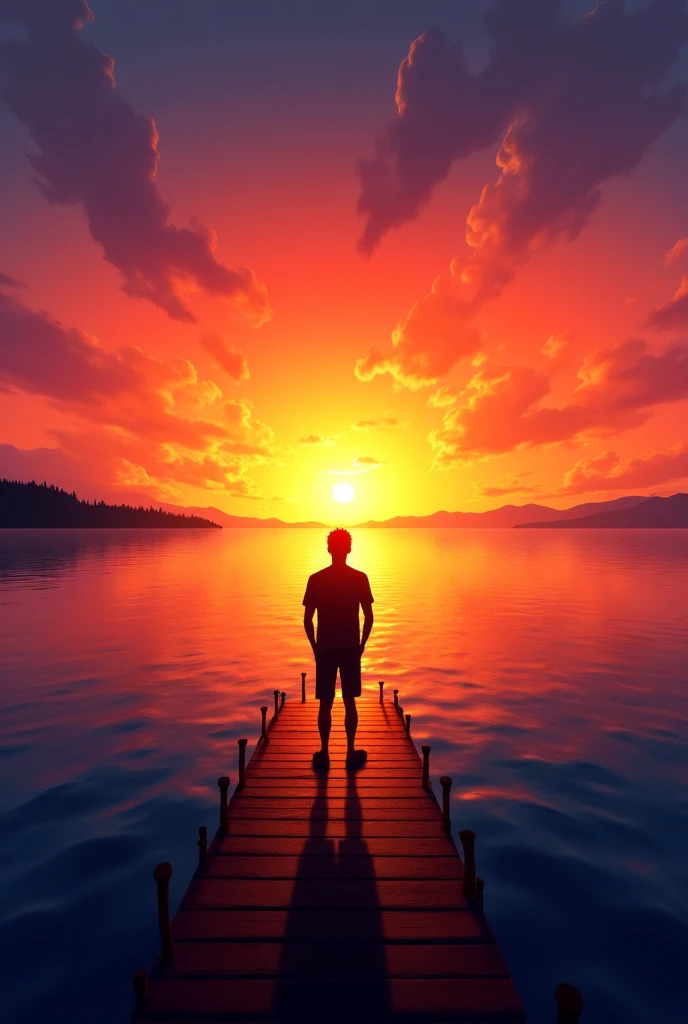 A Strong man in a black bodysuit stands in the smoke, Priapus, Dark Black, Dark black skin, Buzz Cut, His muscles are very developed, Very tall, short hair, Blend into the smoke, Lake, Reflection, Sunset, Sunset, Bird, plum bossom, Man silhouette, Chinese, black and white, Simple style