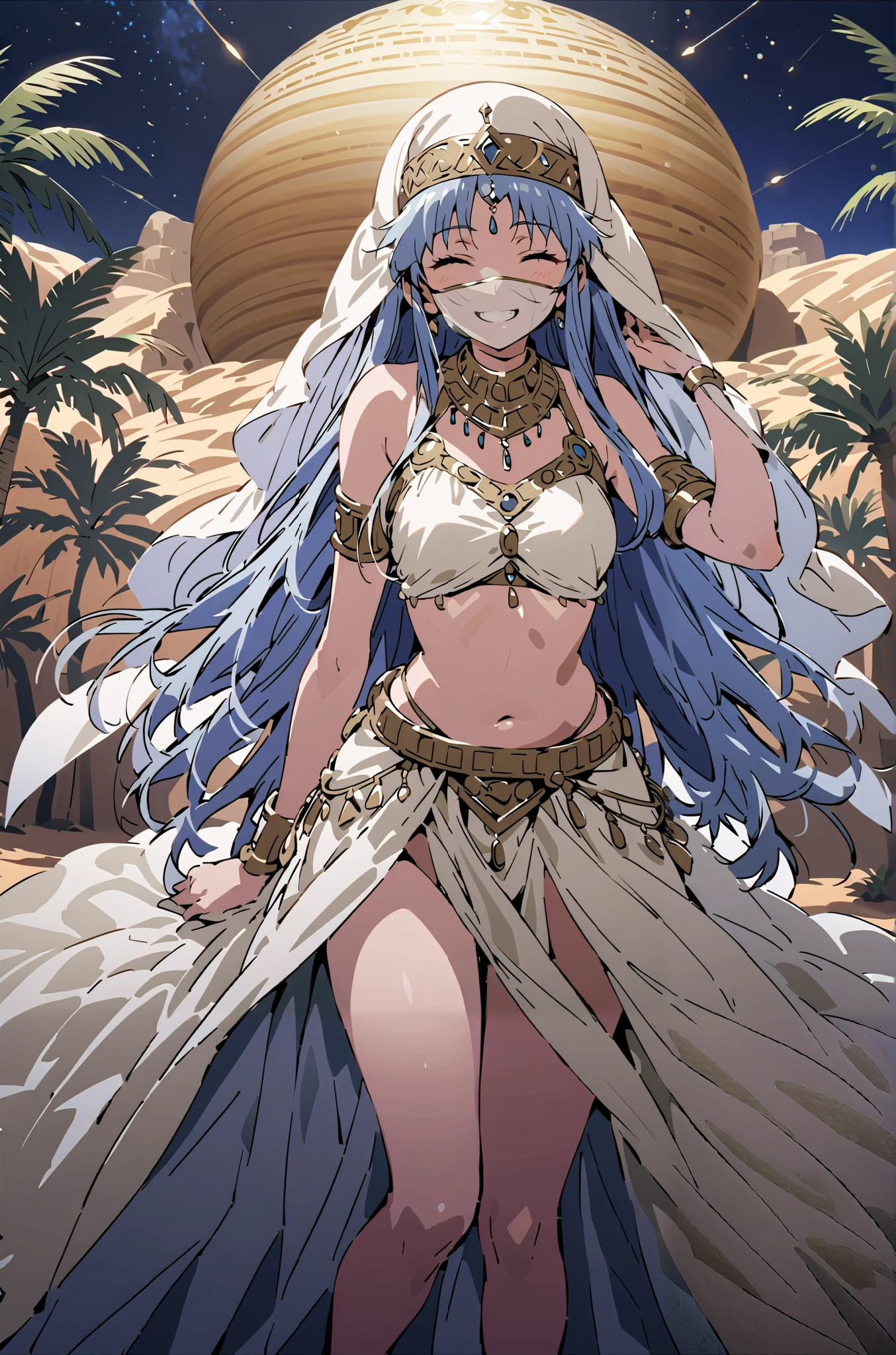 Prohibited bibliography, blue hair, long hair, Arabian clothing, dancer , mouth Veil, belly Dancing, Veil, Armlet,Bare legs,is standing,smile, grin ,close his eyes,night,Palm Trees,full bodyがillustrationに入るように,break outdoors, oasis, desert,
break looking at viewer,full body,
break (masterpiece:1.2), best quality, high resolution, Unity 8k Wallpaper, (illustration:0.8), very detailed face, so that it fits into the illustration, extremely detailed CG, (curved body, perfect anatomy),