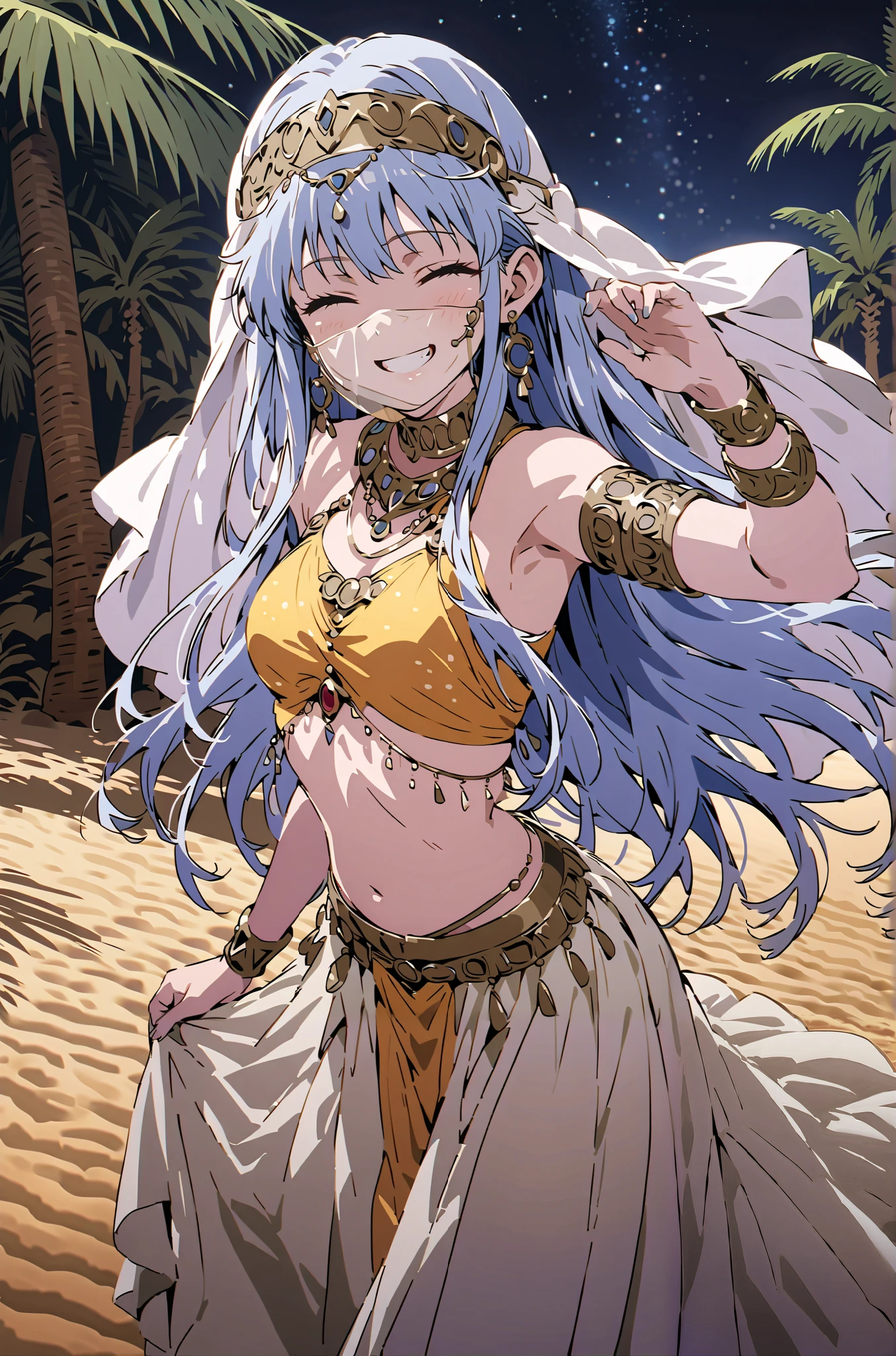 Prohibited bibliography, blue hair, long hair, Arabian clothing, dancer , mouth Veil, belly Dancing, Veil, Armlet,Bare legs,is standing,smile, grin ,close his eyes,night,Palm Trees,full bodyがillustrationに入るように,break outdoors, oasis, desert,
break looking at viewer,full body,
break (masterpiece:1.2), best quality, high resolution, Unity 8k Wallpaper, (illustration:0.8), very detailed face, so that it fits into the illustration, extremely detailed CG, (curved body, perfect anatomy),