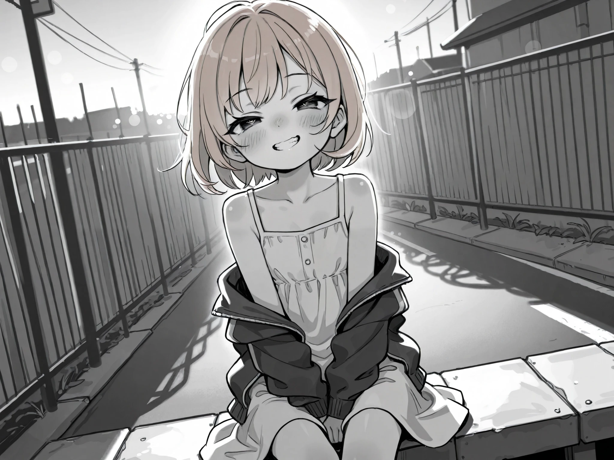 artist, very awa, {prompt}, masterpiece, best quality, expressive eyes, perfect face, 1girl, petite, skinny, younger, , short girl, short, adolescent, ager, sitting, leaning, cute, cute face, blush,half-closed eyes, squinting, nose scrunch,solo focus, grin, outdoors, sundress, fence, jacket, looking at viewer, monochrome, off shoulder, open clothes, open jacket, outdoors, road, short hair, light hair, brown hair, light brown hair, light shading, sitting, sketch, sky, solo, street, wide_shot, dramatic lighting,focus, bokeh, shallow depth of field, greyscale, manga, manga cover, dutch angle, pov, lens_flare, sunlight, sun