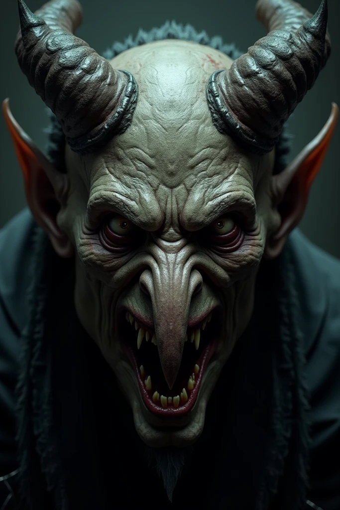 Son visage est un mélange étrange de traits humains et animaux. Ses yeux, d'un rouge intense, sont perçants et expriment une malveillance sourde. Ses dents acérées, dépassant légèrement de sa bouche, sont prêtes à déchirer et dévorer. Ses cornes recourbées, d'un noir luisant, ajoutent une touche démoniaque à son apparence.
