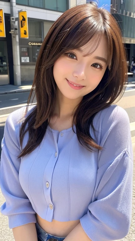 masterpiece, best quality, illustration, ultra-detailed, finely detailed, high resolution, 8K wallpaper, perfect dynamic composition, beautiful detailed eyes, summer blouse setup clothes, medium hair, small breasts, natural color lips, bold sexy poses, smile, Harajuku, 18 years old girl, cute, sexy shot, looking at camera