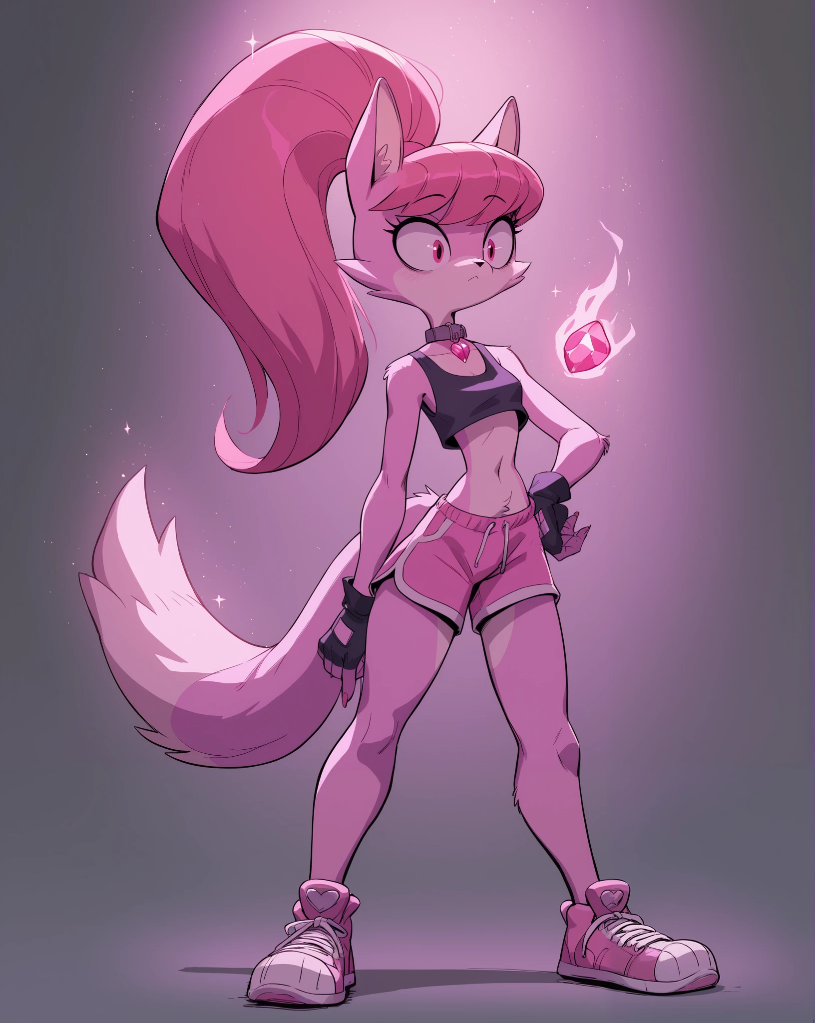 Whitney, also known as Lady Lumious, stands confidently in a warm, glowing light, her light purple fur shimmering softly. She wears a dark gray sleeveless top adorned with a pink jewel at the neckline, paired with short bright pink shorts and matching pink sneakers. Her pointed cat ears, long purple ponytail held by a pink hair tie, and fluffy tail that reaches her ankles add to her striking appearance. Dark gray fingerless gloves and a dark gray collar with a pink jewel complete her outfit, highlighting her anthropomorphic feline features and her purple technology powers. The background showcases a soft, ethereal glow with hints of pastel colors, enhancing the magical ambiance of the scene.