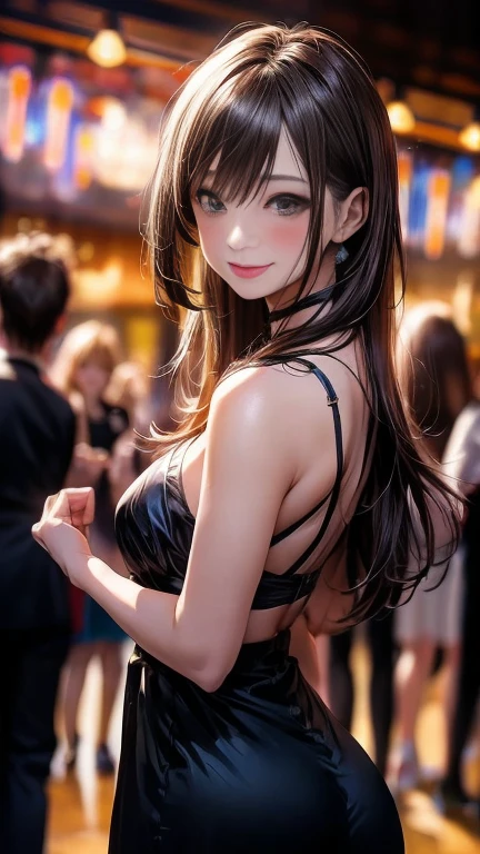 Anime Style, Film Portrait Photography, 1 Female, a smile, smile, Beautiful woman, whole body, Light brown hair, Semi-long hair, Woman dancing on the dance floor in a club, Spotlight, Vivid lighting, (Natural skin texture and vivid details, Ultra-realistic)