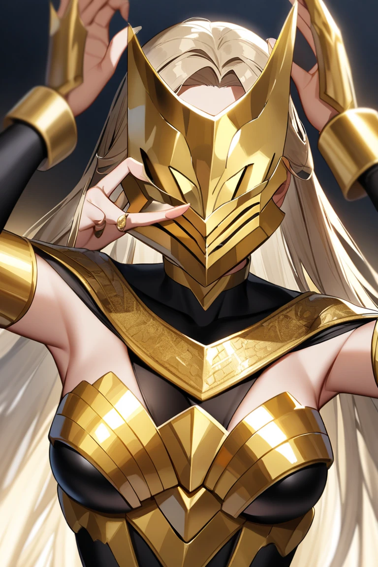 (((masterpiece, best quality, absurdres, highly detailed, intricate details, high resolution, realistic, 3d))), 1girl, female, solo, front view, full body, breasts, (((big covered breasts))), (((medium angle:1.3, chest level shot:1.7))), (((white helmet with golden patterned elements))), gorgeous, (((white royal dress:1.3))), extremely opulent, (((face is covered by closed symmetric knight's mask made out of patterned hyperdetailed golden elements))), ((small golden bunny ears on top front of helmet)), golden patterned earrings, high quality, ((brown hair)), hair peeking out on the sides of the helmet, opera, xianxia, atmospheric, superiority, awe, (((dark, rim lighting, two tone lighting, dimly lit, low key, reflections on metal, glare, optical flares, chromatic abberation, sparks, light rays))),