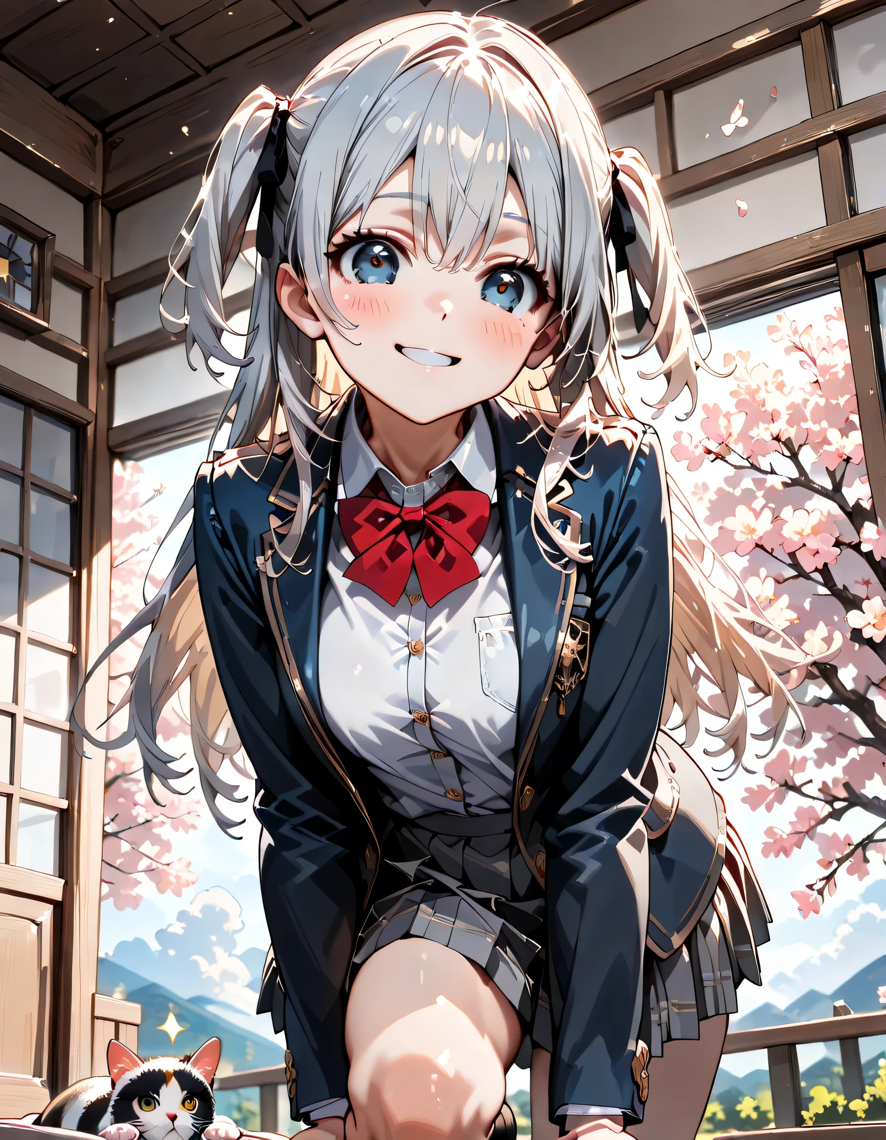 ((ultra-detailed)), (highly detailed CG illustration), (best quality:1.2), ultra-highly detailed, colorful composition, artistic photoshoot, 1girl, solo focus, ((thigh to top:1.4)), ((cowboy shot:1.4)), moe anime character, girl, dainty facial structure, (baby face), (round face), ((rounded chin:1.2)), ((ideal ratio body proportions)), (blue eyes), sparkle eyes, ((silver hair color)), ((two side up)), (hair ribbon with red), ((hair is swaying in the wind)), ((smile:1.2)), ((cat mouth:1.3)), ((blush1.2)), ((playing with a cat:1.2)), ((looking at cats:1.2)), ample breasts, school uniform, navy blue blazer, modern style with fitted jacket, red neck bow, long sleeves white frilled shirt, navy blue pleated skirt, and black high socks, white panties, ((crouching)), from front, expecting, pink cheek, blush, light pink gloss slip, beautiful detailed sky, cherry blossom petals, cherry trees, row of cherry trees, breeze, petals dancing in the wind, shining sunlight shines, contrapposto pose, best quality, masterpiece, portrait, depth of field, soft lighting, sidelighting, (shine), lighting, caustics, ray tracing, perfect face, lustrous skin, highly detailed face, highly detailed eyes, perfect face, perfect nose, perfect hair, perfect eyes, perfect anatomy, beautiful hair, beautiful small face, extremely detailed face, beautiful detailed eyes, beautiful clavicle, beautiful body, beautiful ample breasts, leavage, breasts squeezed together, equalize the size of the left and right breasts, beautiful thin thighs, beautiful legs, beautiful fingers, 4 fingers, 1 thumb, lovely, (very detailed background:1.0), (highly detailed background:1.0), spring aesthetic, intricate details, enjoy the performance atmosphere, spring colors palette, chromatic aberration