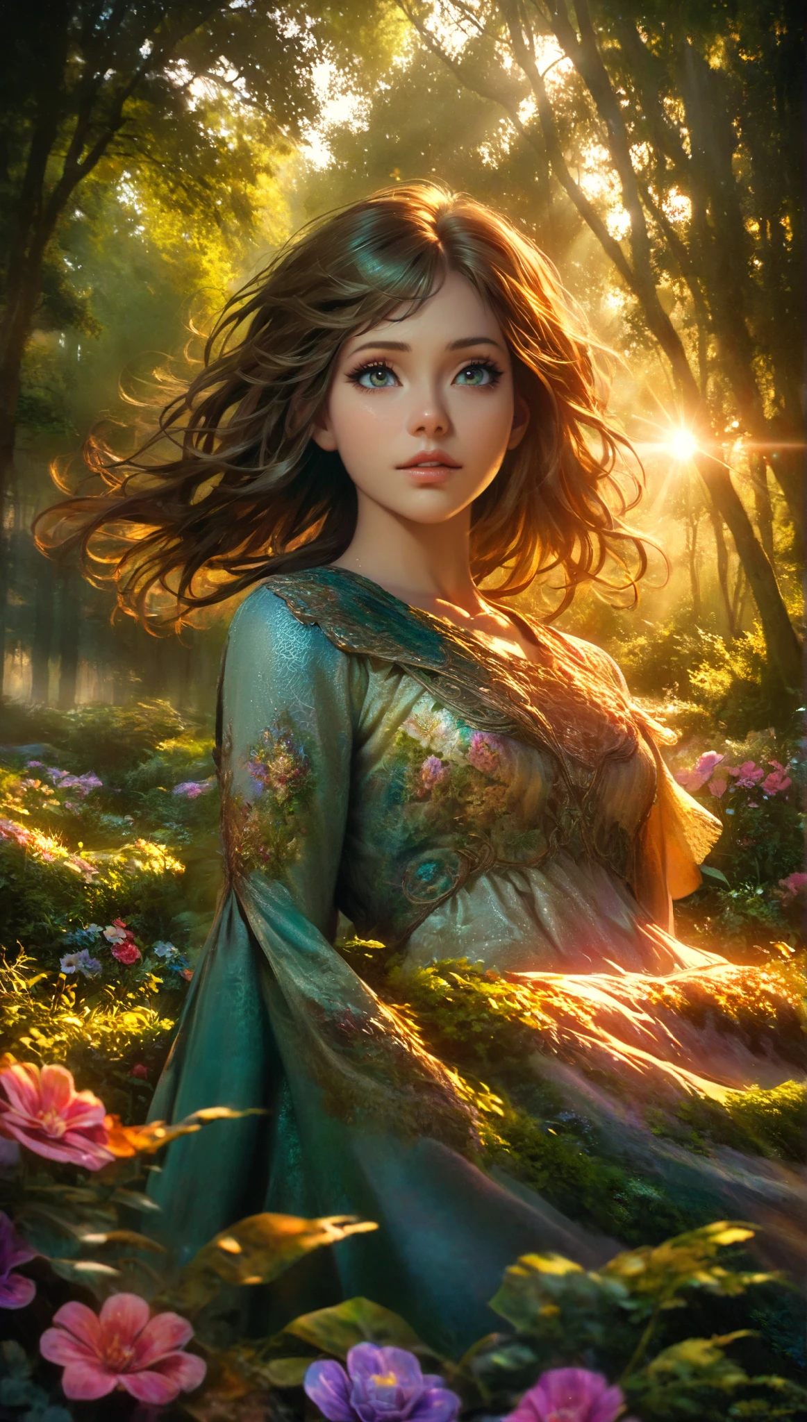 Beautiful Forest Dawn , idyllic, magic, majestic, Spectacular Lighting , 8k, 1 GIRL AFTER SEX, detailed face, detail eyes, detailed lips, long eyelashes, Beautiful Dress , gentle expression, Bushes green, Colorful Flowers, sun rays , photorealistic, movies, Warm colors, dramatic lighting, Intricate Details