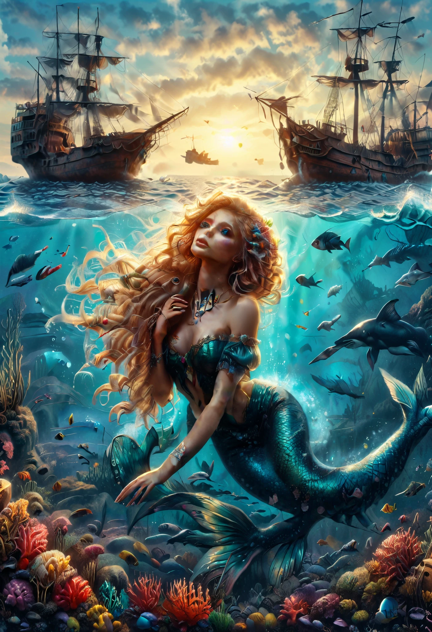 mermaid riding a squid, sunken ship --auto --s2
