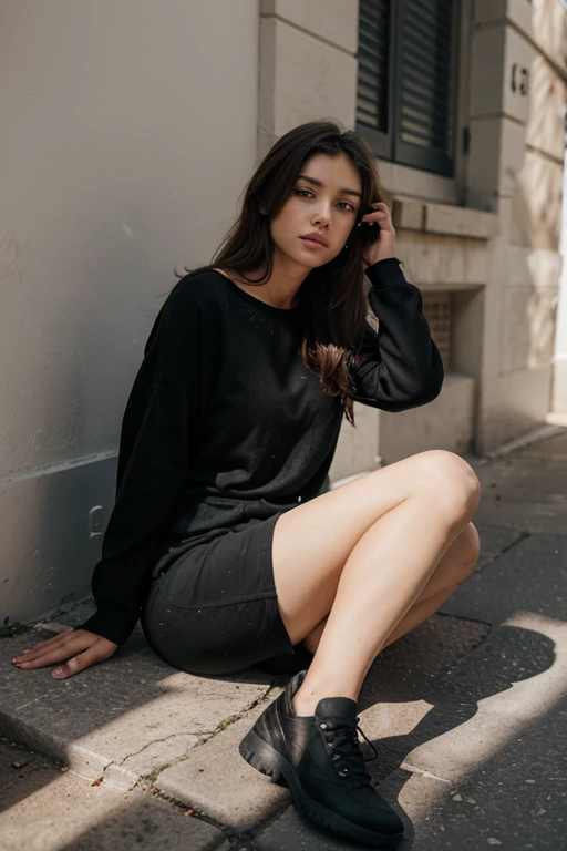 (best quality,realistic,ultra-detailed),a sexy and slim 18-year-old French brunette woman in black short sleeve sweater, visible leg