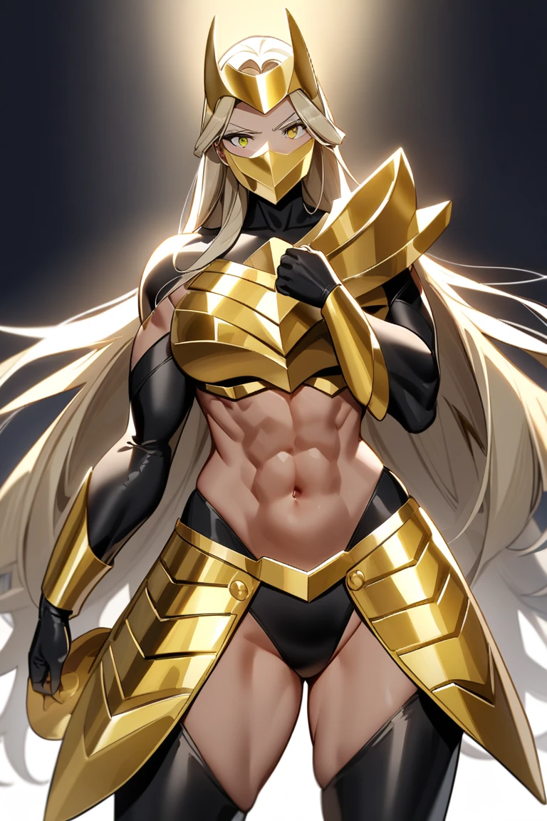 Pirotess female dark elf (black tanned skin), (yellow eyes), white hair, silver hair, very long hair, straight hair, solo, adult woman, tall, slightly muscular, large breasted, cleavage, constricted waist, toned body, slight abs, thin dark skin, pointy ears, lipstick, makeup, black eyeshadow, circlet, white short dress, jewelry, bracelet, shackles, leather collar choker, white gloves, thigh boots, slave crest under navel, navel