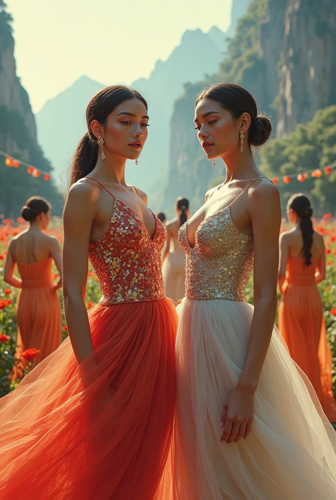 Mulher de cabelo marrom com vestido laranja luxuoso do tempo 2000-90-80, com outra mulher de cabelo vermelho pele branca com vestido luxuosa vermelho tempo 2000-90-80
Fundo ela estão em uma floresta