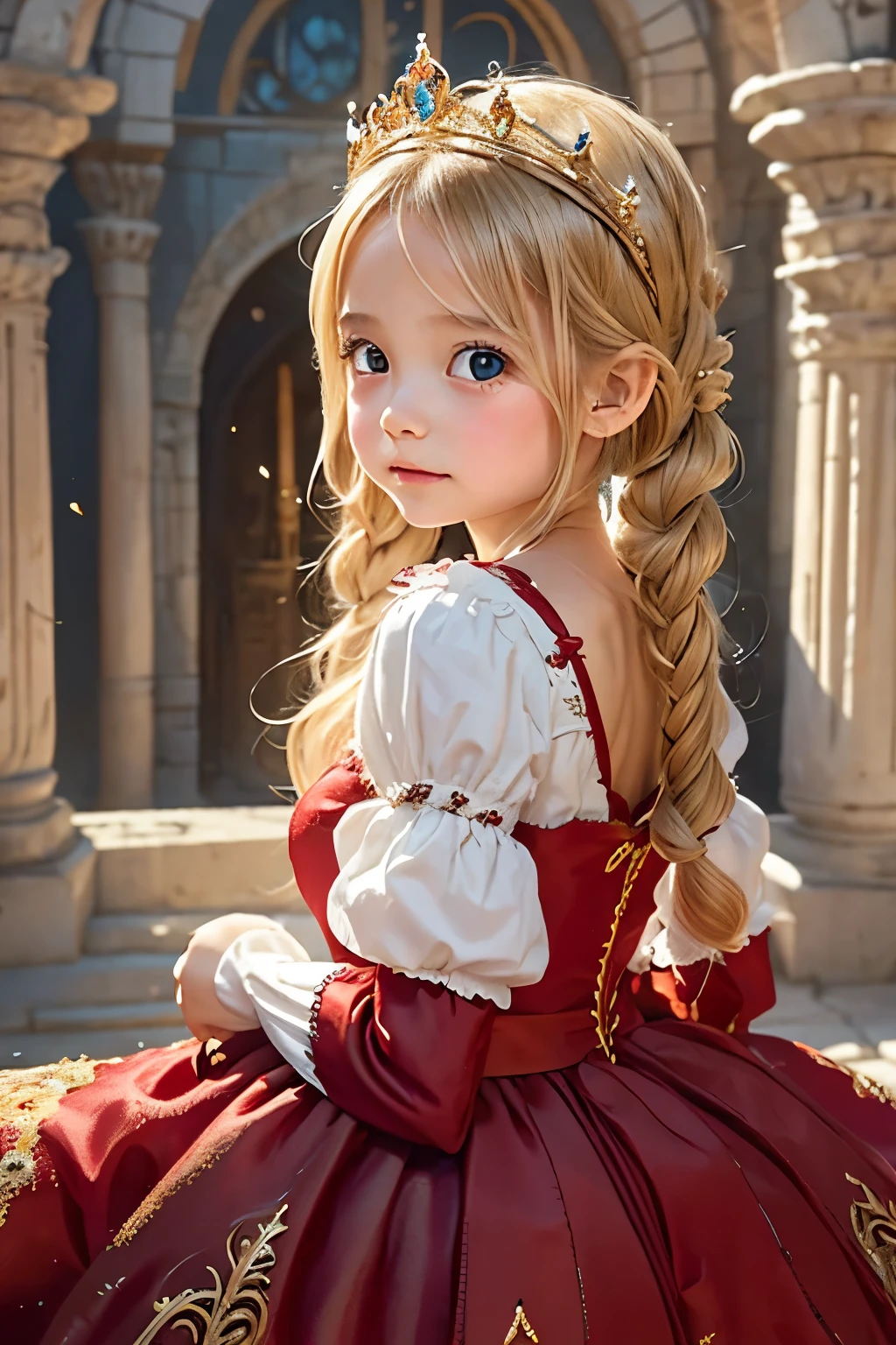 Little young girl,blond hair,cute,cries,fantasy, gorgeous dress ,tiara,odd-eye,red carpet,Castle,bouquet,Princess,young girl,blush, twin tails, stage,Ball,turns around,Luxurious Bed
