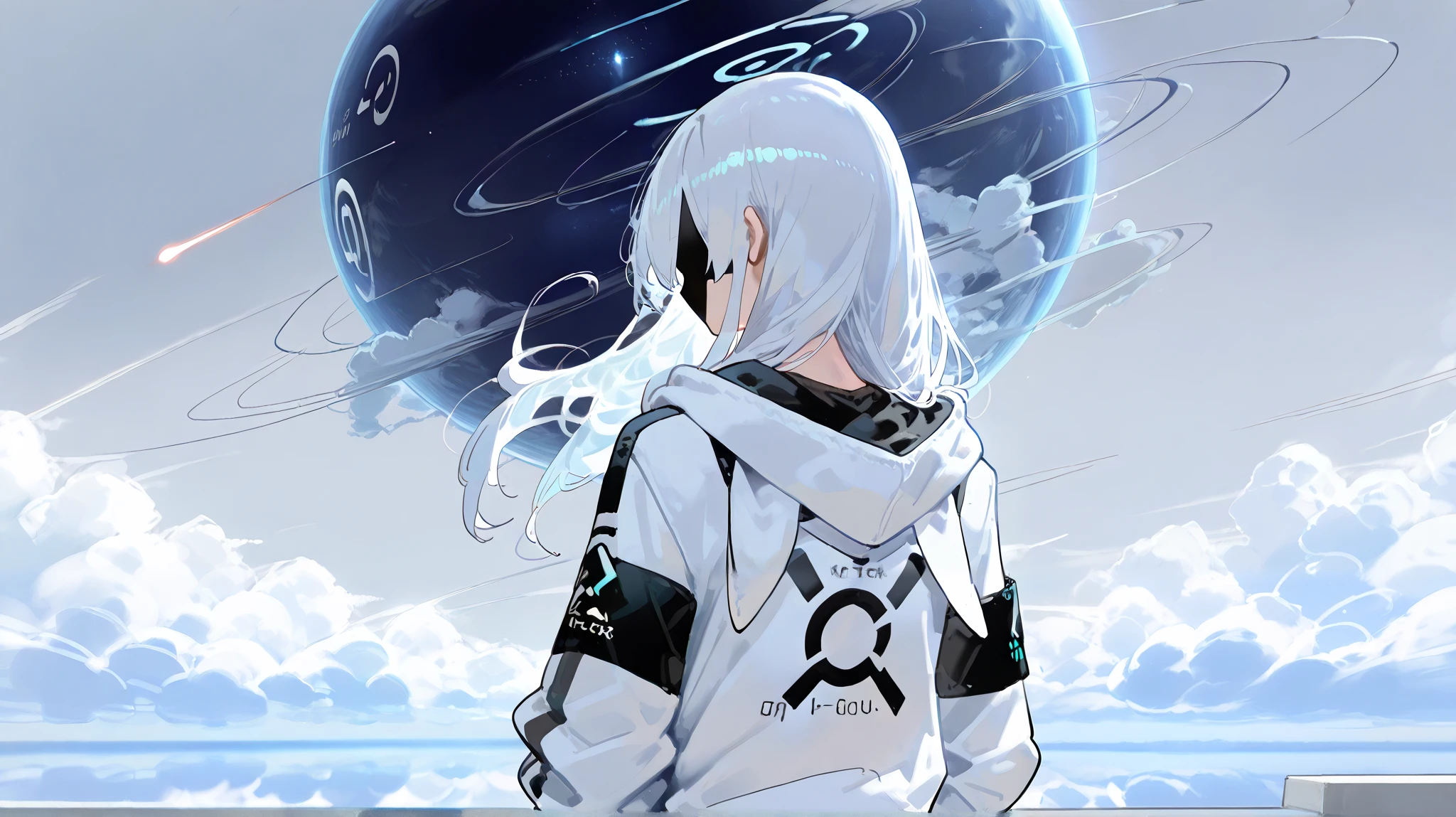 1 person, 18 years old, No face, Facing you, white hoodie, Hooded,   with superpowers  ,  horizon , turning back, cloudy background ,  orbital space,   flowing around clouds  ,  Cloudman ,   flowing around clouds  ,  In the middle of  , clear water ,  , a circular symbol that shines on the background of a tech wear jacket {x}, Techwear Jacket