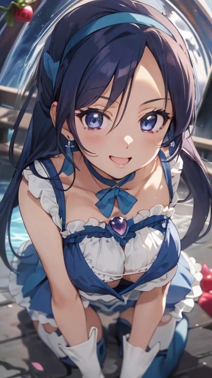 1womanl,Black hair,12year old ,((Impatient expression)),Beautiful breasts,(((Sexy magical girl white and blue shiny bodysuit)))(())(((Blushing cheeks、Surprised look)),(((Satin Narico))),((( portlate))),we have blue eyelashes)))()Street,Crowds(magical girl hair ornament)