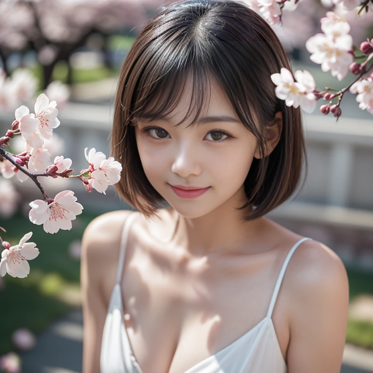 1 girl、Overall image、Close one eye、Real like a photo、Very short black hair、under the cherry tree、Camisole and hot pants、cat-eyed beautiful girl、18-year-old、healthy dark skin、The sun looks dazzling