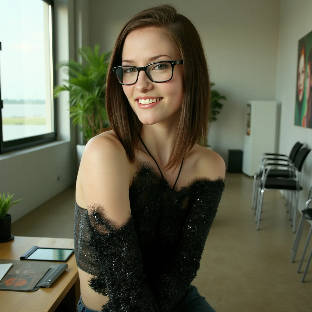 29 year old Brunette, no pants no t-Shirt no bra outside selfie, glasses, one eye closed, tongue out, full body, nude, openlegs, vagina, hairy pussy, open the vagina with your hands