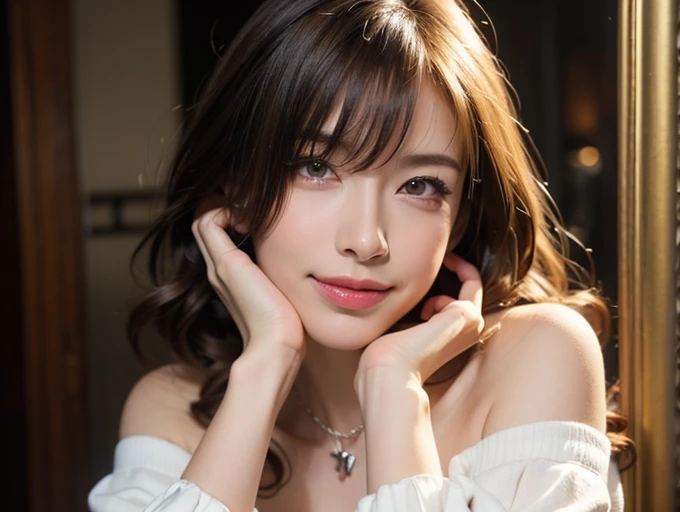 Nipples are visible、(RAW Photos), (Realistic), (masterpiece), (highest quality), High resolution, 8K resolution, (Intricate details), (Volumetric Light), Portraiture, woman,, short hair, Straight hair, Layered Hair, Brown haired, Highly detailed eyes, Source order, Very thin eyebrows, Highly detailed skin, Highly detailed mouth, Highly detailed nose, Cute like an idol, smile, ((Thick lips)), ((Look at the viewers)), (Elegant blouse)、Cleavage、Cleavage、The color of the clothes is up to you、The color of her underwear is see-through colorful、