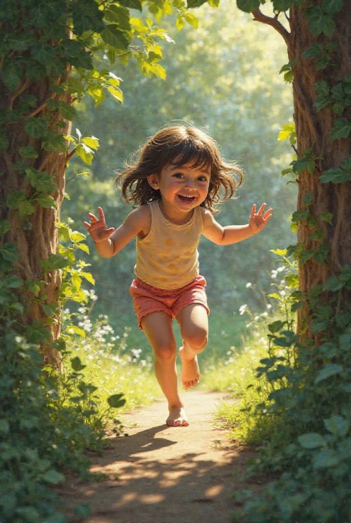 Menina 6 anos correndo floresta sorrindo borboletas flores vestido azul disney
