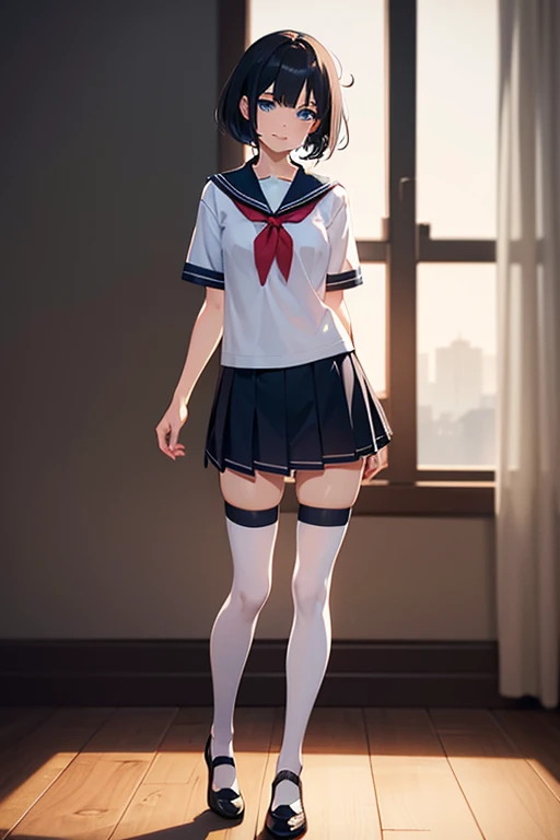 (short cute girl,small young student,young delicate girl),(masterpiece,Top quality),squat,,short sleeve,black hair,sleepy