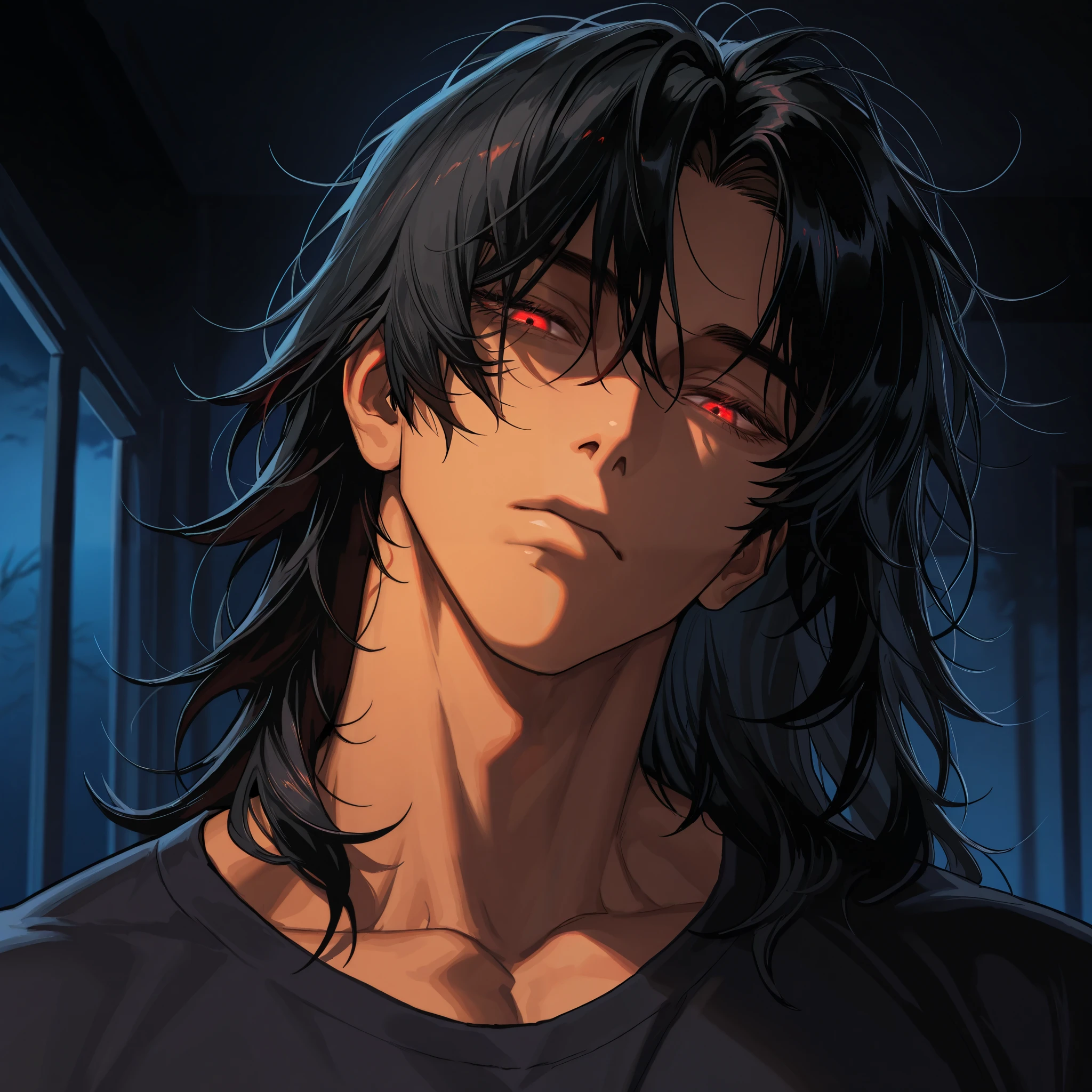 1 man, very handsome, wavy black hair, middle part hair, medium length hair, messy hair, head tilt, eyelashes, devil red eyes, glowing red eyes, cold eyes, tan skin, night time, shading, dark room, face close up, looking down at viewer, full face, muscular neck, thick neck, black shirt, detailed, masterpiece