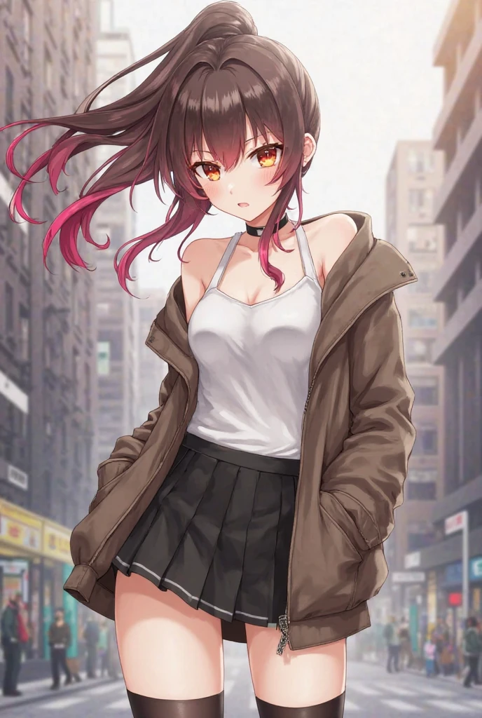 1girl, solo, shinka nibutani, flowing hair, medium breasts, T-shirt , black thong, masterpiece, smile, looking at viewer, outdoors, street, rain, contrapposto, standing, one hand on hip, cowboy shot,  