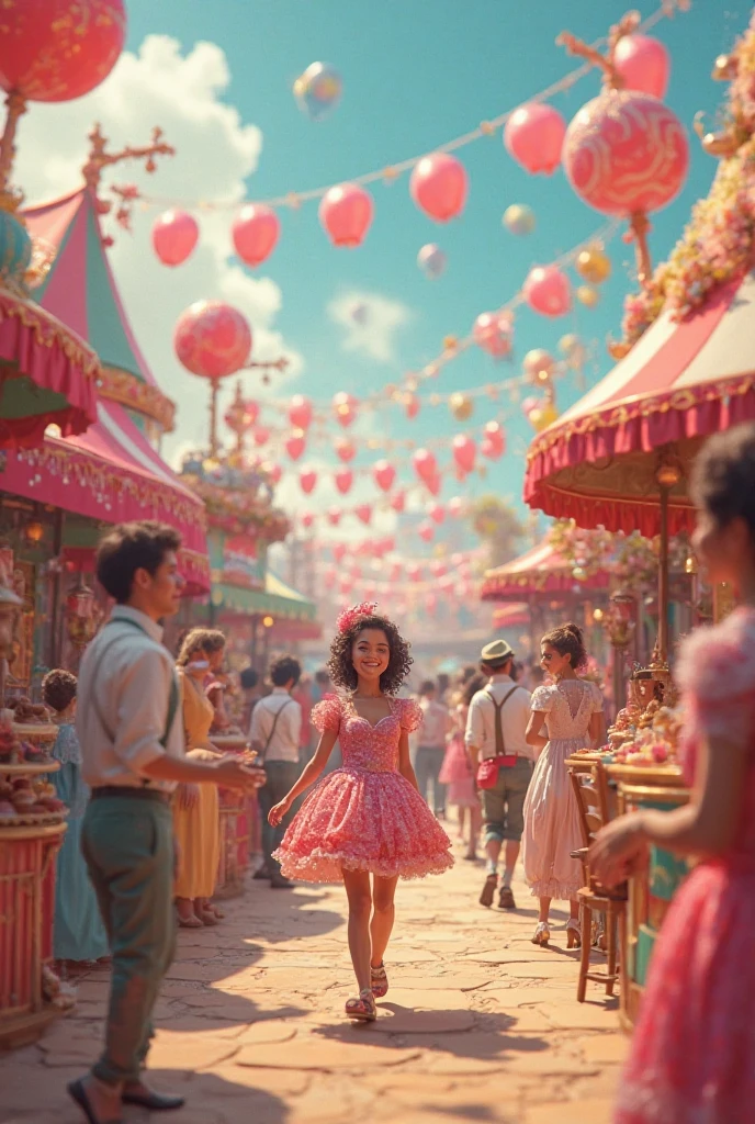 The Whimsical Backyard Carnival: Imagine a single mother, a woman in her thirties with auburn curls, hosting a backyard carnival for her two children. The scene is filled with floating cotton candy clouds, levitating balloons, and a carousel that turns on its own. The family, adorned in retro carnival attire, should be captured in Wes Anderson's nostalgic color palette.