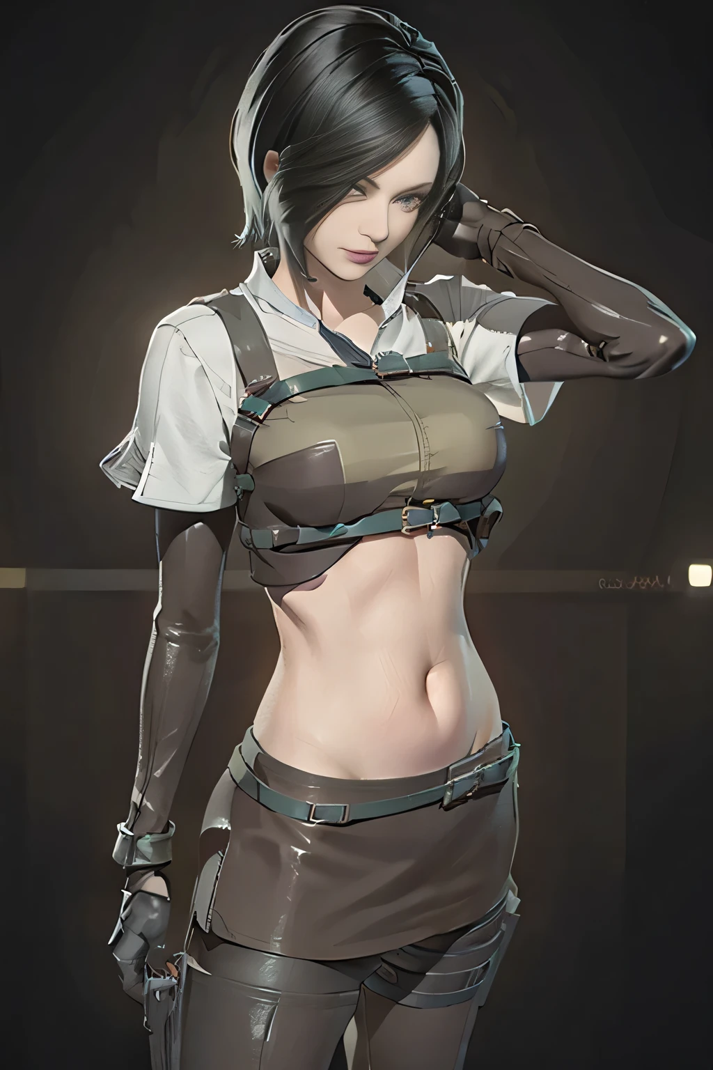 (Resident Evil Ada1.5),(Ada,cool lady),expensive,plump breasts,Has a well-proportioned body shape,{{{chopped}}},Japanese warrior,warrior armor,woman warrior, simple background